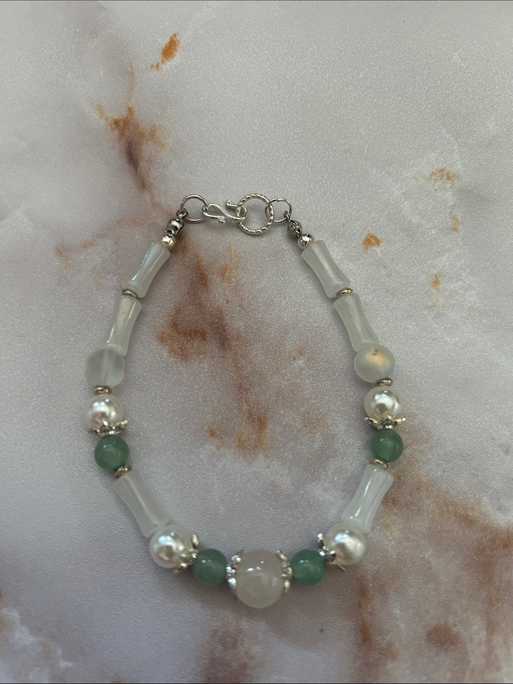 White & Green Beaded Bracelet size 7inch